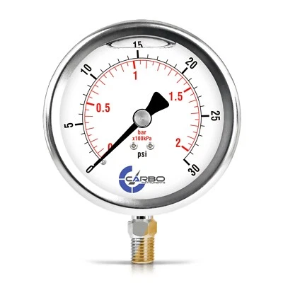 CARBO INSTRUMENTS 4" Pressure Gauge, Stainless Steel Case, Liquid Filled, Lower Mnt 30 PSI