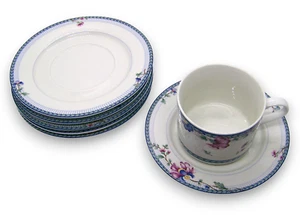 Vintage Oneida Blue Lattice Floral Pattern Set 6 Plates Saucers & 1 Coffee Cup - Picture 1 of 4