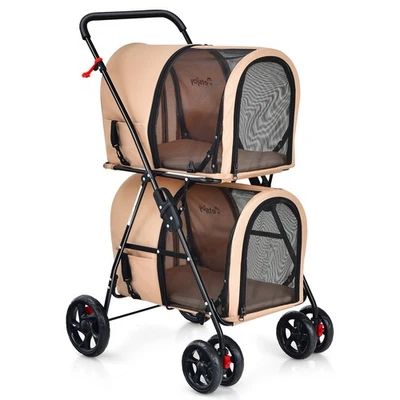 Double 4-in-1 Pet Stroller w/ Detachable Carrier Travel Carriage for Cats Beige - Image 1 of 4