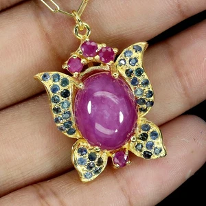 925 Sterling Silver Necklace Oval Ruby 13x10mm Sapphire Gemstone Jewelry 17in - Picture 1 of 13