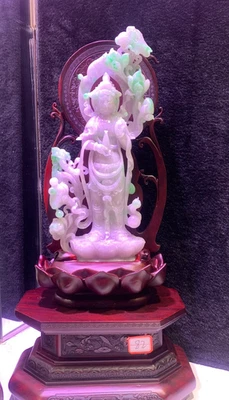 14"" Top China Jadeíta Natural Esmeralda Jade Loto Guanyin Kwan-yin Diosa Foto 1 de 4