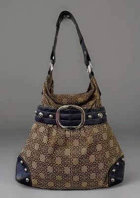 Kathy Van Zeeland Handbag Logo Satchel Purse Tan Navy Silver Accents Heart Charm - Image 1 of 4