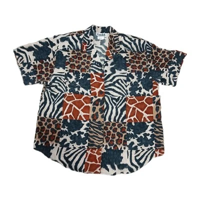 Blusa vintage Teddi Petite PL con estampado animal Safari retazos camisa con botones Foto 1 de 4
