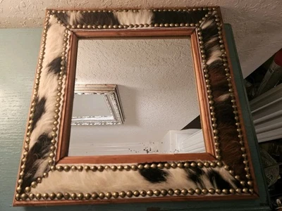 Vintage Genuine CowHide & Brass Button Square Accent Wall Mirror-Very Good - Image 1 of 4