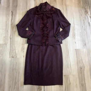 St John Couture Pflaume Lila Schimmer Rock Anzug Set Reißverschluss Jacke Blazer Federn 12 - Bild 1 von 11