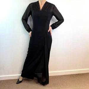 studibaker hawk Size 12 M Black Poly Chiffon Vintage Longsleeved V Neck Dress - Foto 1 di 19