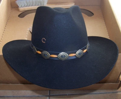 Charlie 1 Horse Triple XXX Fur Blend Black Cowboy Hat Conchos Feathers 7  Lara-R - Image 1 of 4