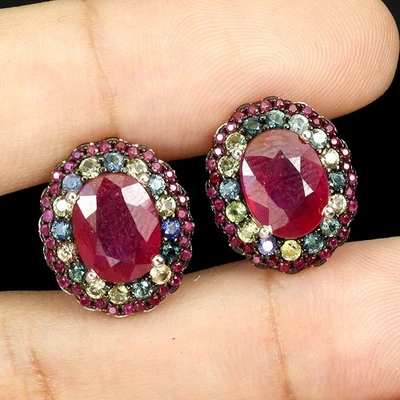 925 Sterling Silver Oval Earrings Round Ruby Myanmar Sapphire Gemstone - Image 1 of 4