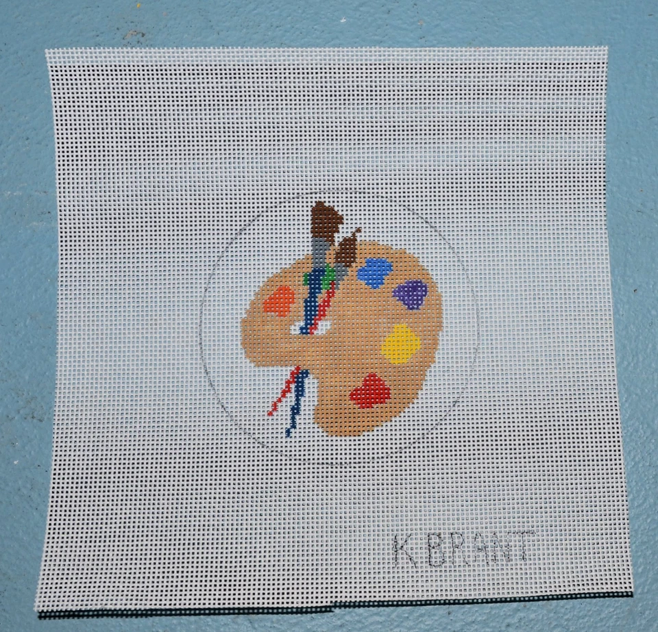 hand painted needlepoint canvas #18 artist palette paint brushes 3 1/2" - Image 1 of 1