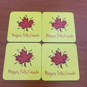 VTG Lot of 4 Niagara Falls Coasters Canada Red maple Leaf Yellow Cork Back NEW - Picture 1 of 3