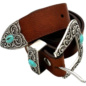 ariat turquoise stones leather belt 1.5 inch wide 40 inch long fits 31~36 waist - Picture 1 of 6