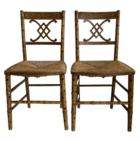 Antique Regency Hand Painted Faux Bamboo Rush Chairs, a Pair Cover