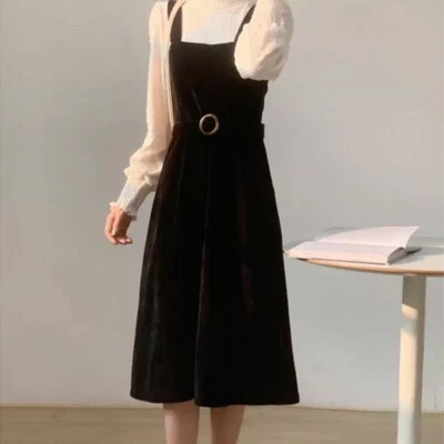 Lady Midi Corduroy Dress Belted Fake Two Piece Tunic Ruffle Puff Sleeve Dress - Image 1 of 4