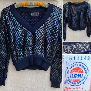 Vintage Anthony Muto AM PM Sequin Top Long Sleeve V Neck 70s 80s Size S M - Picture 1 of 12