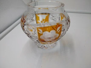 Bohemian Amber Flashed and Engraved Flowers Cut Glass Rose Bowl - Picture 1 of 6