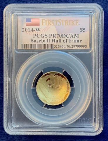 2014-W BASEBALL HALL OF FAME PCGS PR-70-DCAM $5 GOLD COIN, FIRST STRIKE LABEL Cover