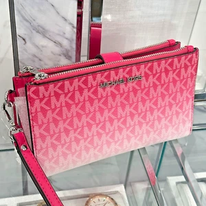 Michael Kors Jet Set Travel Double Zip Wristlet Wallet MK Logo Pink Dragonfruit - Picture 1 of 19
