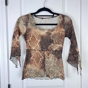 Vintage 90er braun Babydoll Top Shirt Print Y2K Festival Junior Medium - Bild 1 von 9
