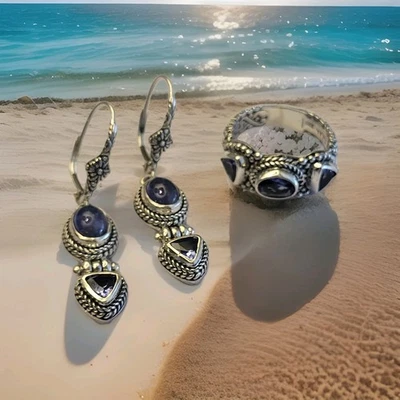 Juego Sarda Artesanal de Bali Tanzanita SS925, Anillo-talla 8, Pendientes Colgantes, Nuevo en Paquete Foto 1 de 4