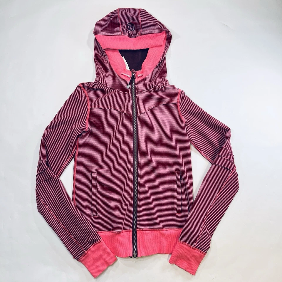 Lululemon Bliss Break Sudadera con Capucha Mujer 4 Rosa Púrpura Rayas Chaqueta Suéter Cremallera Foto 1 de 4