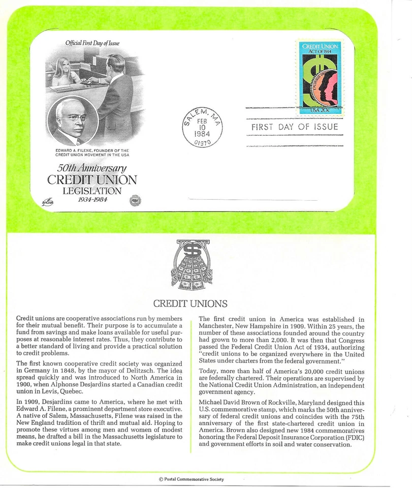 1984 Credit Unions 50th Anniversary Legislation Sc 2075 FDC Info Page PCS - Image 1 of 1