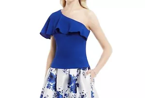 NEW ELIZA J One Shoulder Ruffle TOP BLOUSE SIZE 4 $128 COBALT BLUE NORDSTROM - Picture 1 of 2