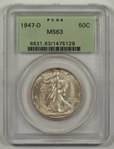 1947-D Walking Liberty Half Dollar From The Denver Mint Graded MS63 by PCGS - Picture 1 of 4