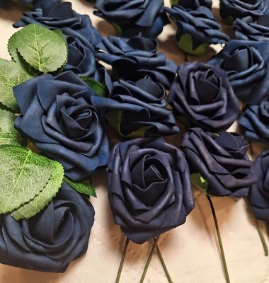 Mini tallos de flores de rosa de espuma azul marino de 3" 56 piezas decoraciones de boda fiesta  Foto 1 de 4