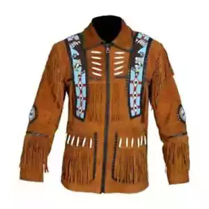Men Western Cowboy Suede Fringe Jacket Beaded Native American Leather Jacket - Picture 1 of 5