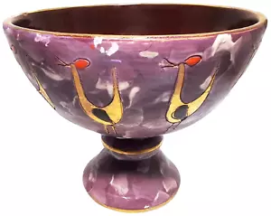 ALDO LONDI ITALY MID-20TH C SGND SGRAFFITO INCISED PEDESTAL CER BOWL, GILT BIRDS - Picture 1 of 12