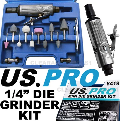 US PRO 15pc MINI 1/4" AIR DIE GRINDER SET 8419 25,000 RPM WITH GRINDING STONES - Image 1 of 4