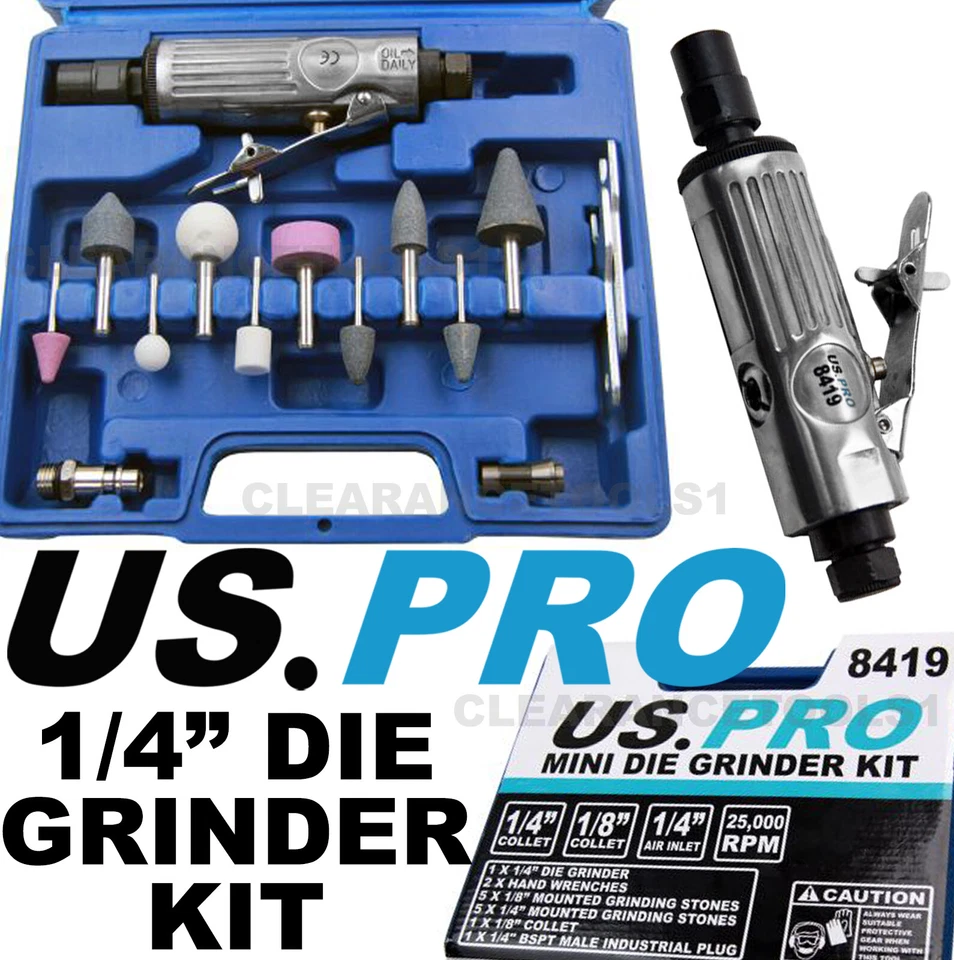 US PRO 15pc MINI 1/4" AIR DIE GRINDER SET 8419 25,000 RPM WITH GRINDING STONES - Image 1 of 4