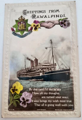 VTG 1915 HANDS ACROSS THE SEA RPPC GREETINGS FROM RAWALPINDI INDIA PANSIES - Image 1 of 2