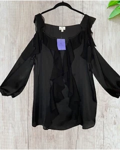 Blusa Hombro Frío Negra Sólida Nueva con Etiquetas Lo último en Hollywood Talla 1X - Imagen 1 de 8