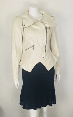 G.I.L.I. Chaqueta Moto Off White 100% Cuero Suave Peplum Cremallera Nueva Sin Etiquetas $338 Talla 8 Foto 1 de 4