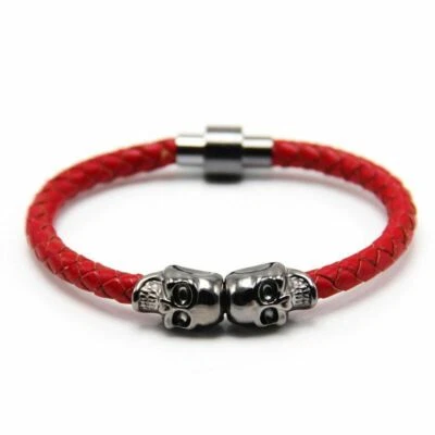 Pulsera brazalete punk para hombre trenzado cuerda de cuero doble calaveras #BR8 Foto 1 de 2