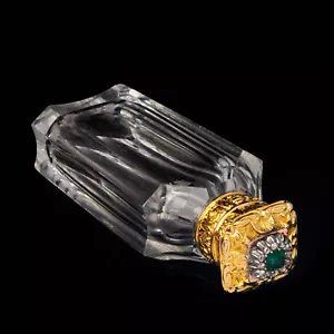 Antique 18k Gold Diamond & Emerald Glass Scent Bottle French Restoration c.1825 - Picture 1 of 6