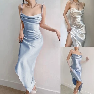 Trendy Womens Suspender Dress in Satin Fabric with Long Flattering Silhouette - Picture 1 of 26