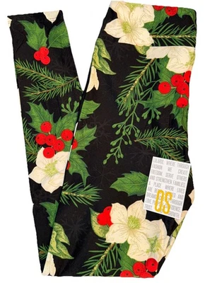 NUEVO LuLaRoe Talla Única OS (2-12) Negro Blanco Verde Rojo Acebo Navidad Leggings Foto 1 de 4