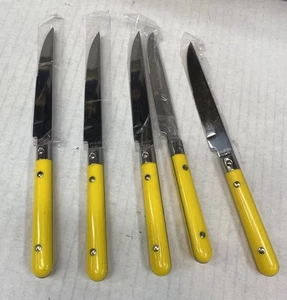 VTG Stainless Steel Steak Knife 8” Yellow Rivited Serrated Taiwan Set Of 5 NOS - Picture 1 of 4