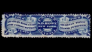 #RS137d 4¢ Azul SD Howe Wmk 191R Troquel Privado EE. UU. Medicina Propietaria Ingresos M&M - Imagen 1 de 1