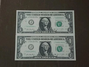 2021 $1 Dollar Fancy Serial Number J79991999C J79988888C Trinary Uncirculated - Picture 1 of 4