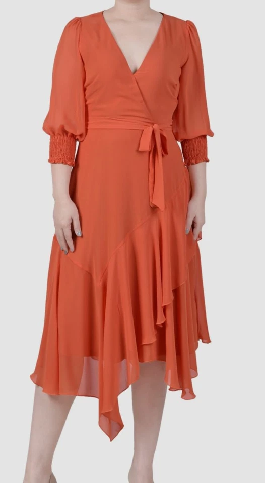Vestido de gasa naranja manga 3/4 con cinturón talla pequeña NY Collection para mujer PL Foto 1 de 1
