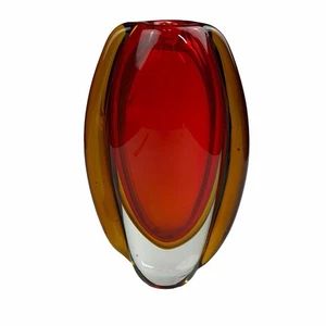 Vintage Stil Murano MCM schwere Glas Kunst Deko Vase rot gelb 8,5" hoch - Bild 1 von 22