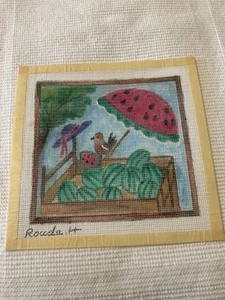 ROUDA H. HP NEEDLEPOINT WATERMELON WAGON WITH A BIRD AND HAT - Picture 1 of 4