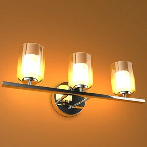 3-Light Art Wall Sconce Light Fixture Brushed Chrome Finish Glass Shade Bathroom - Picture 1 of 12