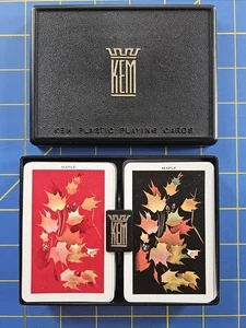 Carte da gioco vintage KEM plastica foglia d'acero doppio mazzo plastica con custodia COMPLETO - Foto 1 di 7