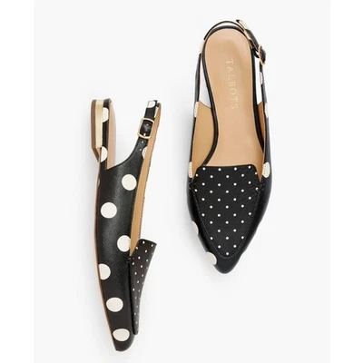 Talbots Amapola Blanco y Negro Lunares Eslinga Trasera Cuero Planos Talla 10.5 Nuevo Foto 1 de 4