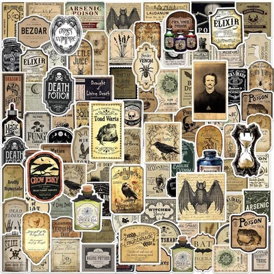 JUNEBRUSHS 324 Pcs Potion Labels, Vintage Gothic Aesthetic Dark Black