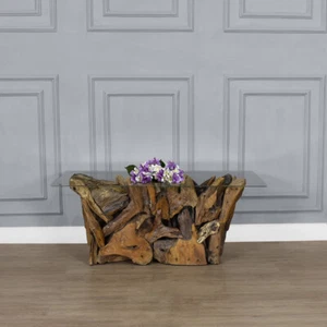 Teak Driftwood Rectangular Coffee Table with Toughened safety glass top - Picture 1 of 7